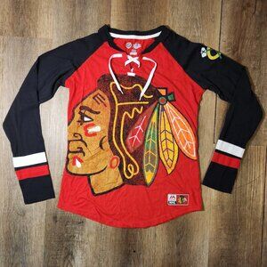 🥅🖤❤️NHL Chicago Blackhawks Majestic G-III Lace-Up V-Neck Long Sleeve Shirt-M